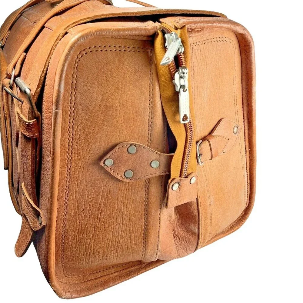 Vintage Tan Leather Duffel Bag Rustic Travel Weekender Overnight Luggage u